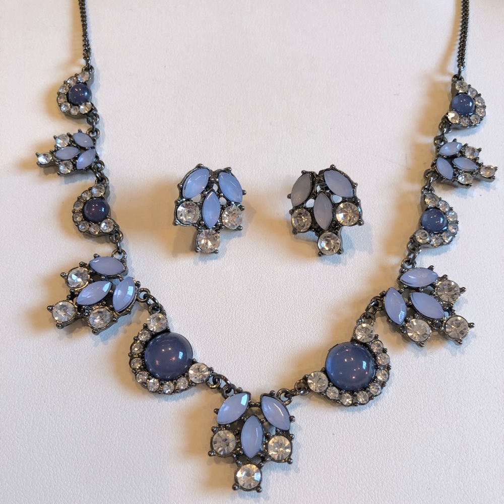 Crystal, Blue simulated Chalcedony Stone Necklace & Earrings
